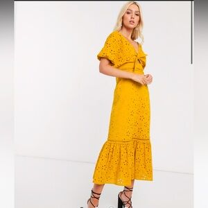 ASOS DESIGN broderie knot front maxi dress in mustard NWT, Size US 2